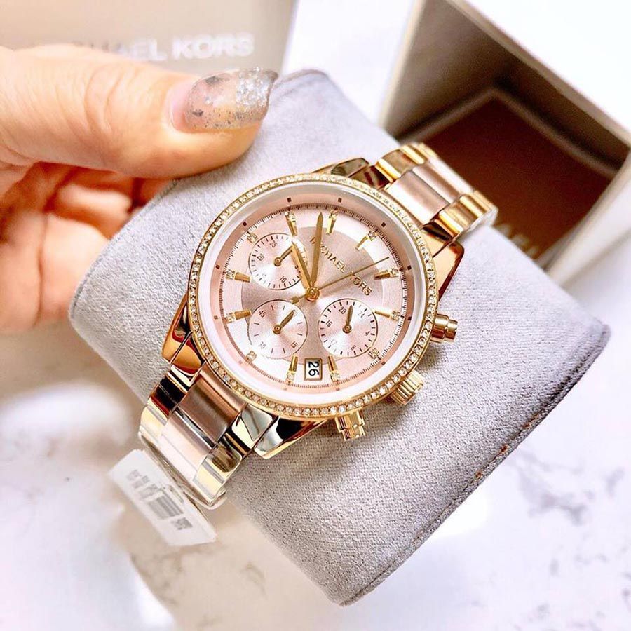  Shop Authentic Michael Kors Ritz Chronograph Rose Dial Two Tone Steel Strap Watch for Women - MK6475 - Luxxuri