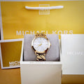 Michael Kors Runway Three-Hand White Dial Gold Steel Strap Watch for Women - MK7472
