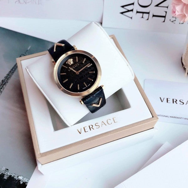  Shop Authentic Versace V-Twist Black Dial Black Leather Strap Watch for Women - VELS00619 - Luxxuri