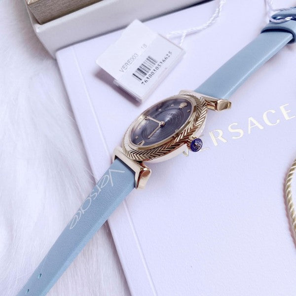 Shop Authentic Versace V-Motif Grey Dial Blue Leather Strap Watch for Women - VERE00318 - Luxxuri