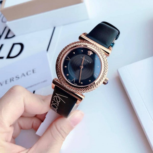  Shop Authentic Versace V-Motif Vintage Logo Black Dial Black Leather Strap Watch for Women - VERE00818 - Luxxuri