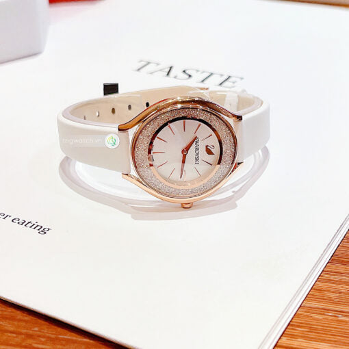  Shop Authentic Swarovski Crystalline Aura Silver Dial White Leather Strap Watch for Women - 5519453 - Luxxuri