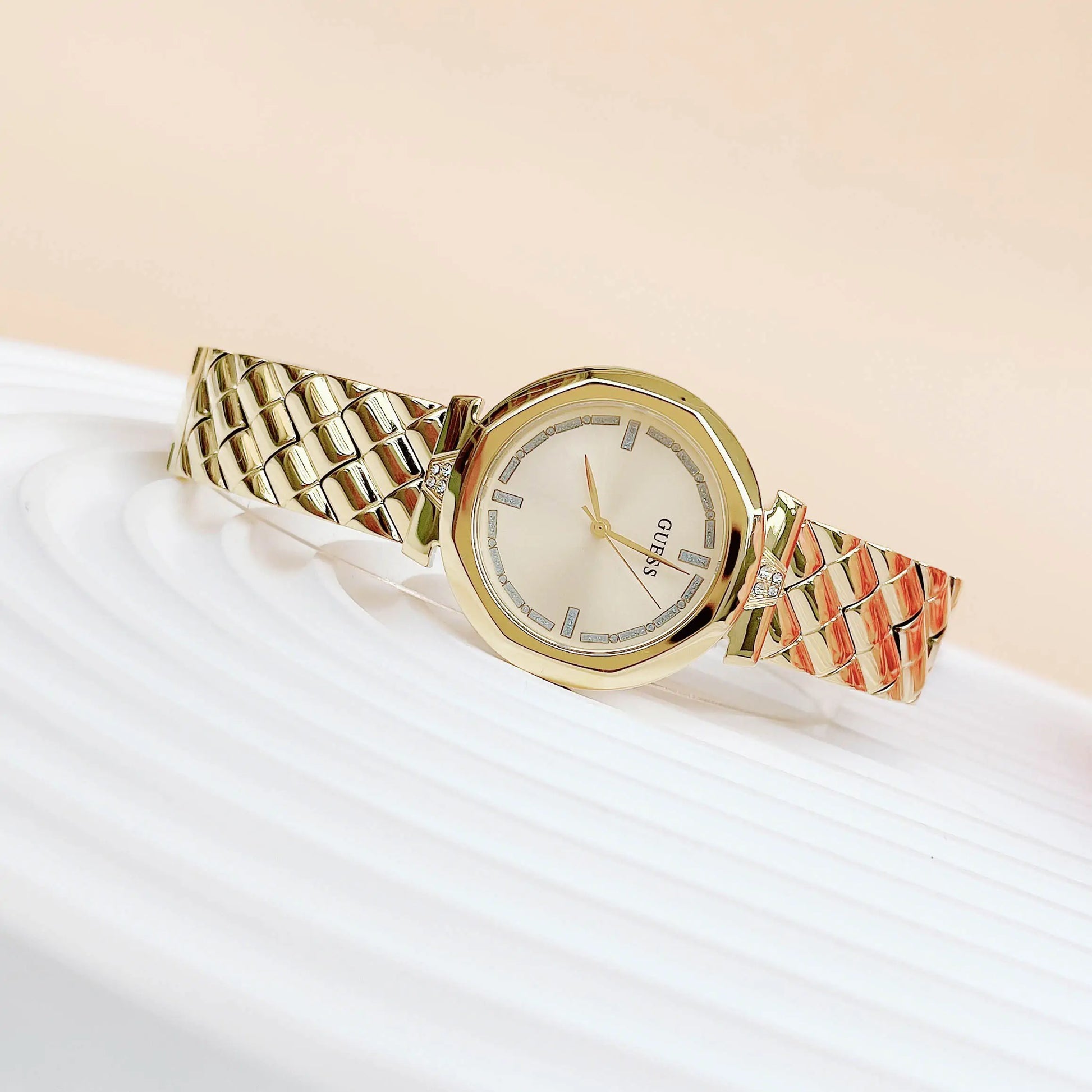  Shop Authentic Guess Rumour Quartz Gold Dial Gold Steel Strap Watch For Women - GW0613L2 - Luxxuri