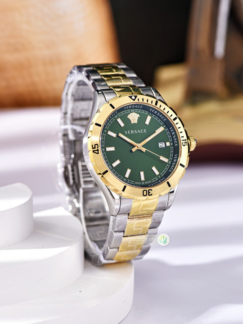  Shop Authentic Versace Hellenyium Quartz Green Dial Two Tone Steel Strap Watch For Men - VE3A00720 - Luxxuri