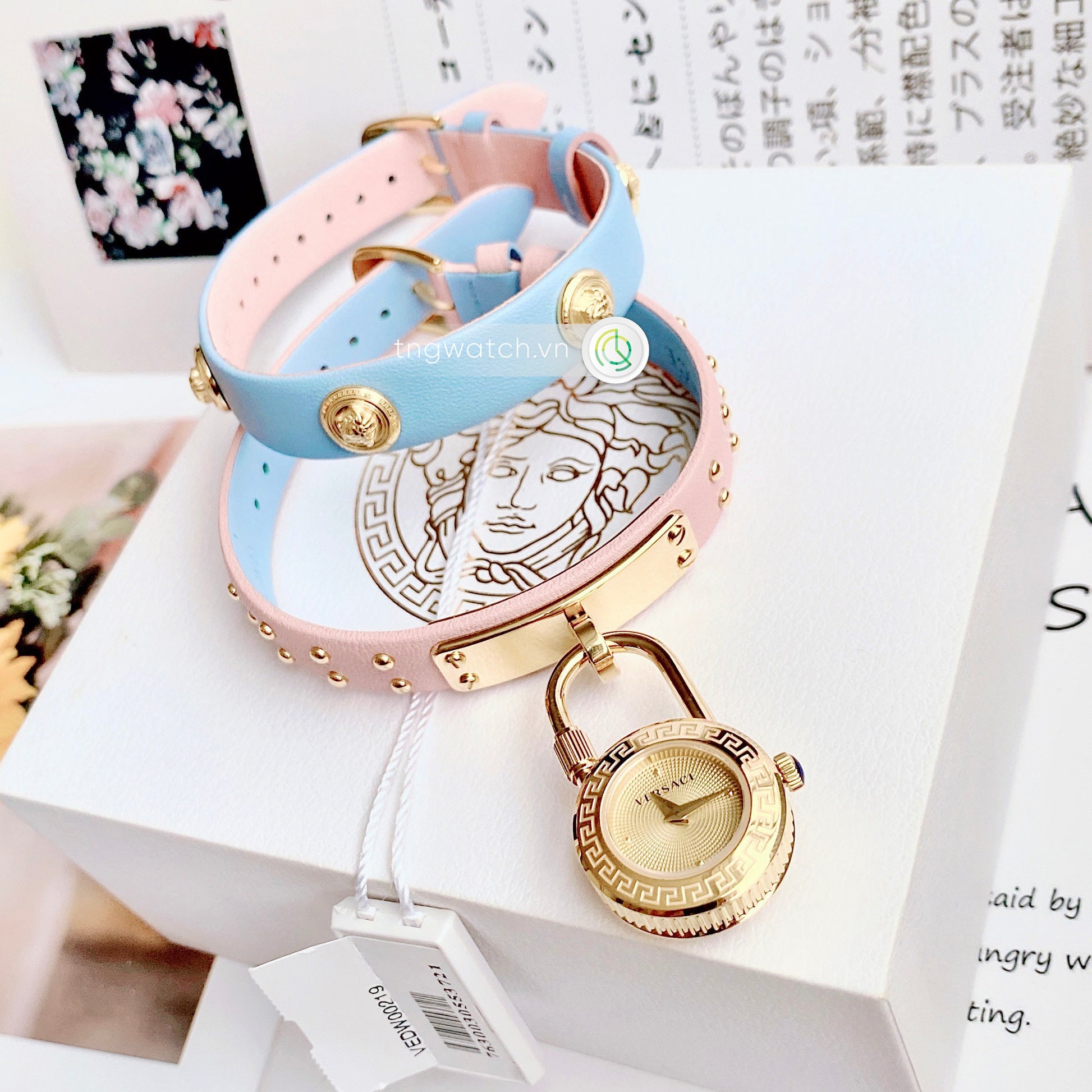  Shop Authentic Versace Medusa Lock Icon Quartz Gold Dial Pink & Blue Leather Strap Watch For Women - VEDW00219 - Luxxuri