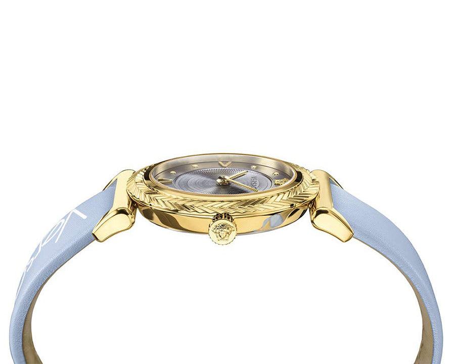  Shop Authentic Versace V-Motif Grey Dial Blue Leather Strap Watch for Women - VERE00318 - Luxxuri