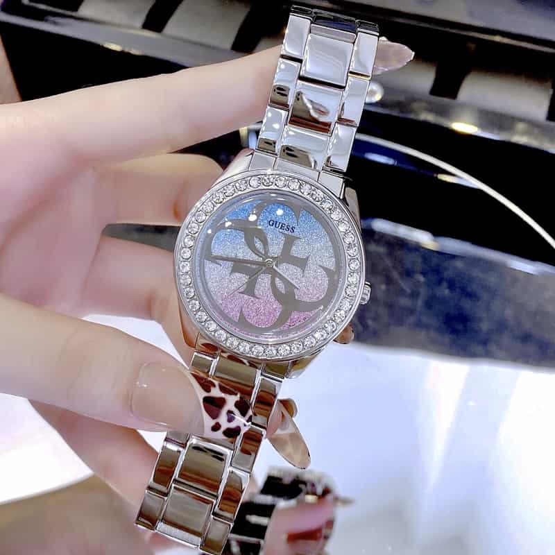Guess G Twist Diamonds Silver Dial Silver Steel Strap Watch For Women - W1201L1
