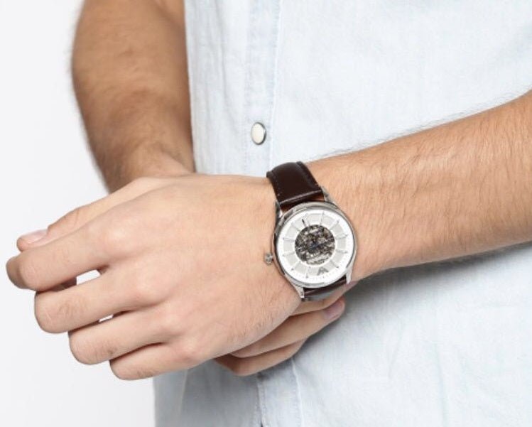  Shop Authentic Emporio Armani Meccanico White Dial Brown Leather Strap Watch For Men - AR1946 - Luxxuri