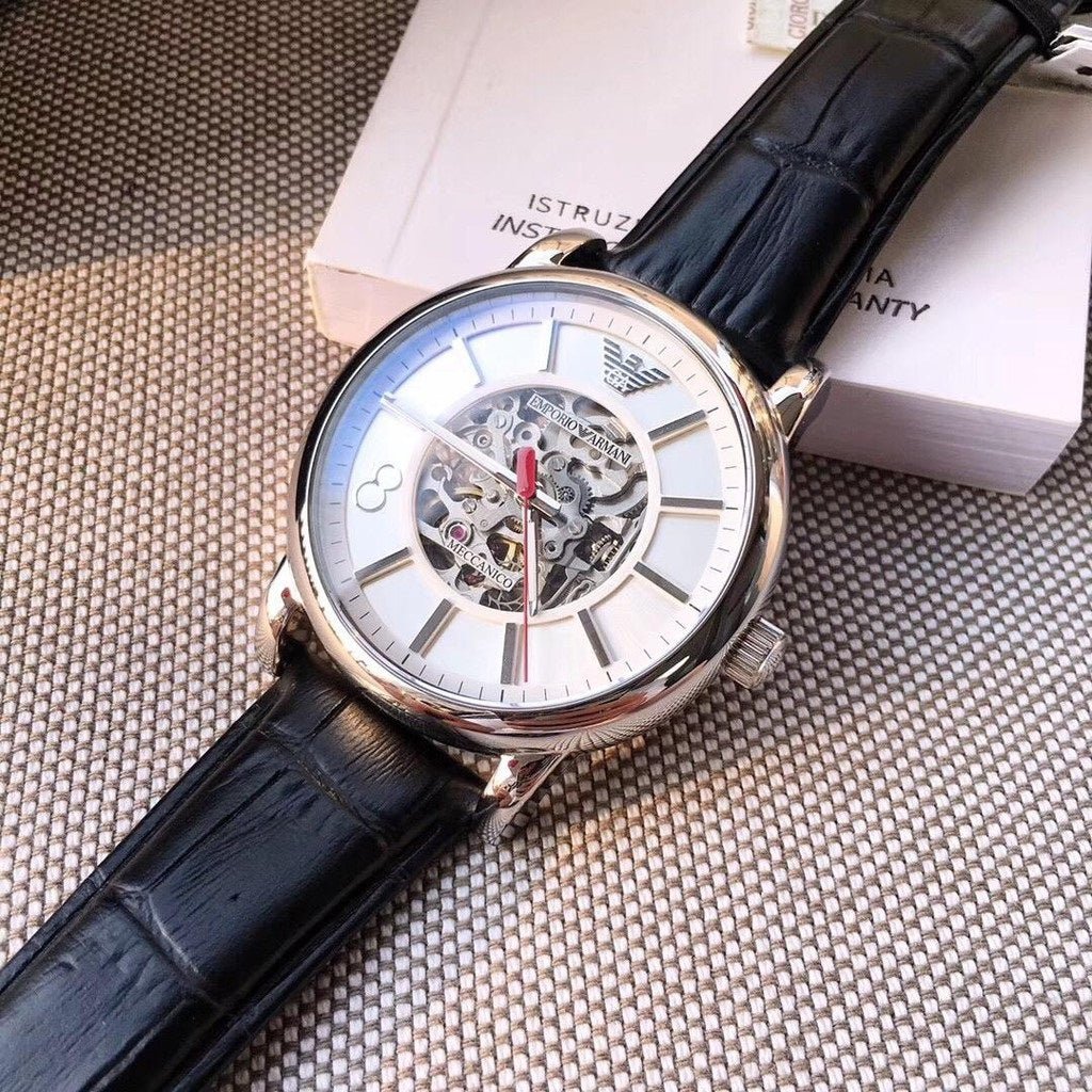  Shop Authentic Emporio Armani Meccanico Silver Skeleton Dial Black Leather Watch For Men - AR1997 - Luxxuri