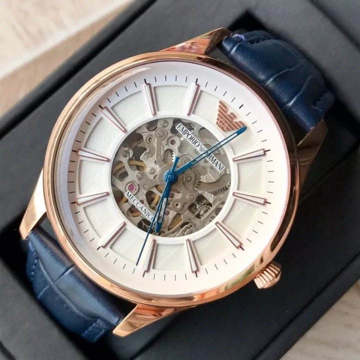  Shop Authentic Emporio Armani Meccanico Automatic White Dial Blue Leather Strap Watch For Men - AR1947 - Luxxuri