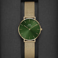  Shop Authentic Daniel Wellington Petite Emerald Green Dial Gold Mesh Strap Watch For Women - DW00100480 - Luxxuri