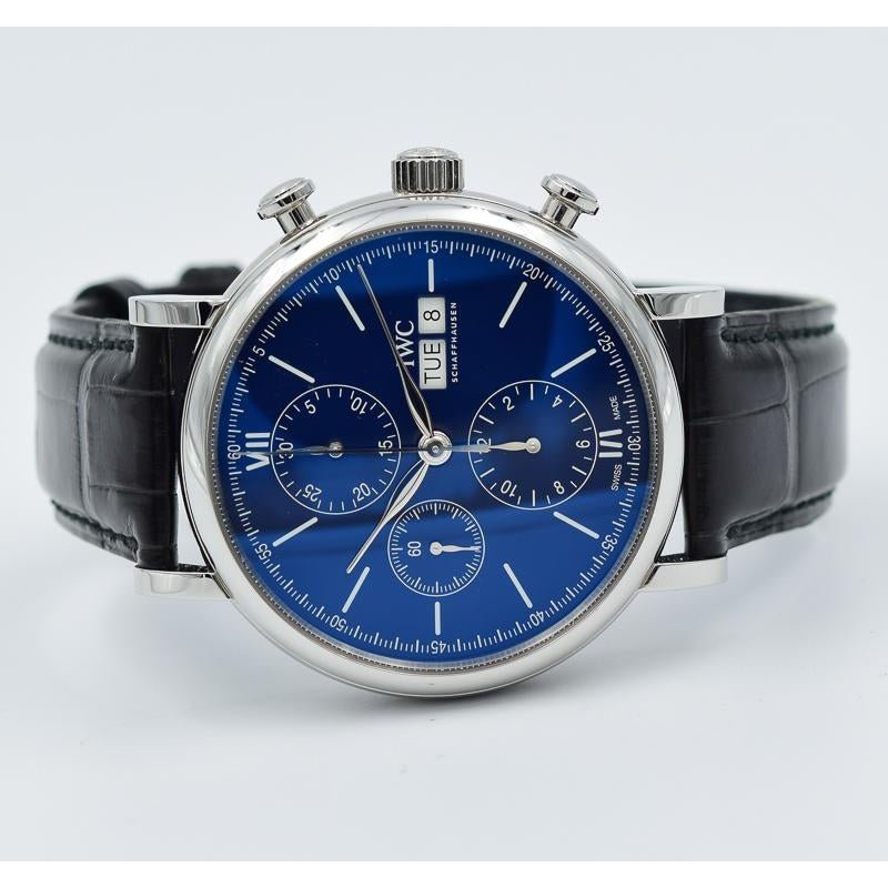 Shop Authentic IWC Portofino Chronograph Blue Dial Black Leather Strap Watch for Men - IW391023 - Luxxuri