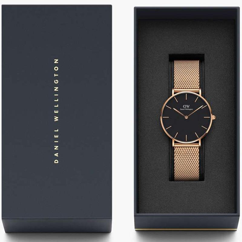  Shop Authentic Daniel Wellington Petite Melrose Black Dial Rose Gold Mesh Strap Watch For Women - DW00100303 - Luxxuri