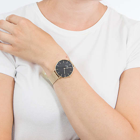  Shop Authentic Daniel Wellington Petite Evergold Black Dial Gold Mesh Strap Watch For Women - DW00100345 - Luxxuri
