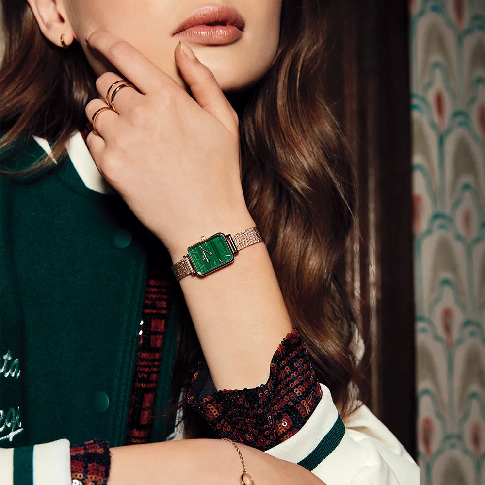  Shop Authentic Daniel Wellington Quadro Melrose Green Dial Rose Gold Mesh Strap Watch For Women - DW00100437 - Luxxuri