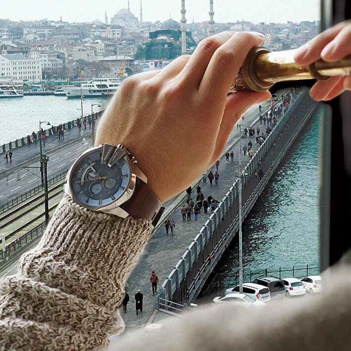 Diesel Mega Chief Light Blue Dial Brown Leather Strap Watch For Men - DZ4281