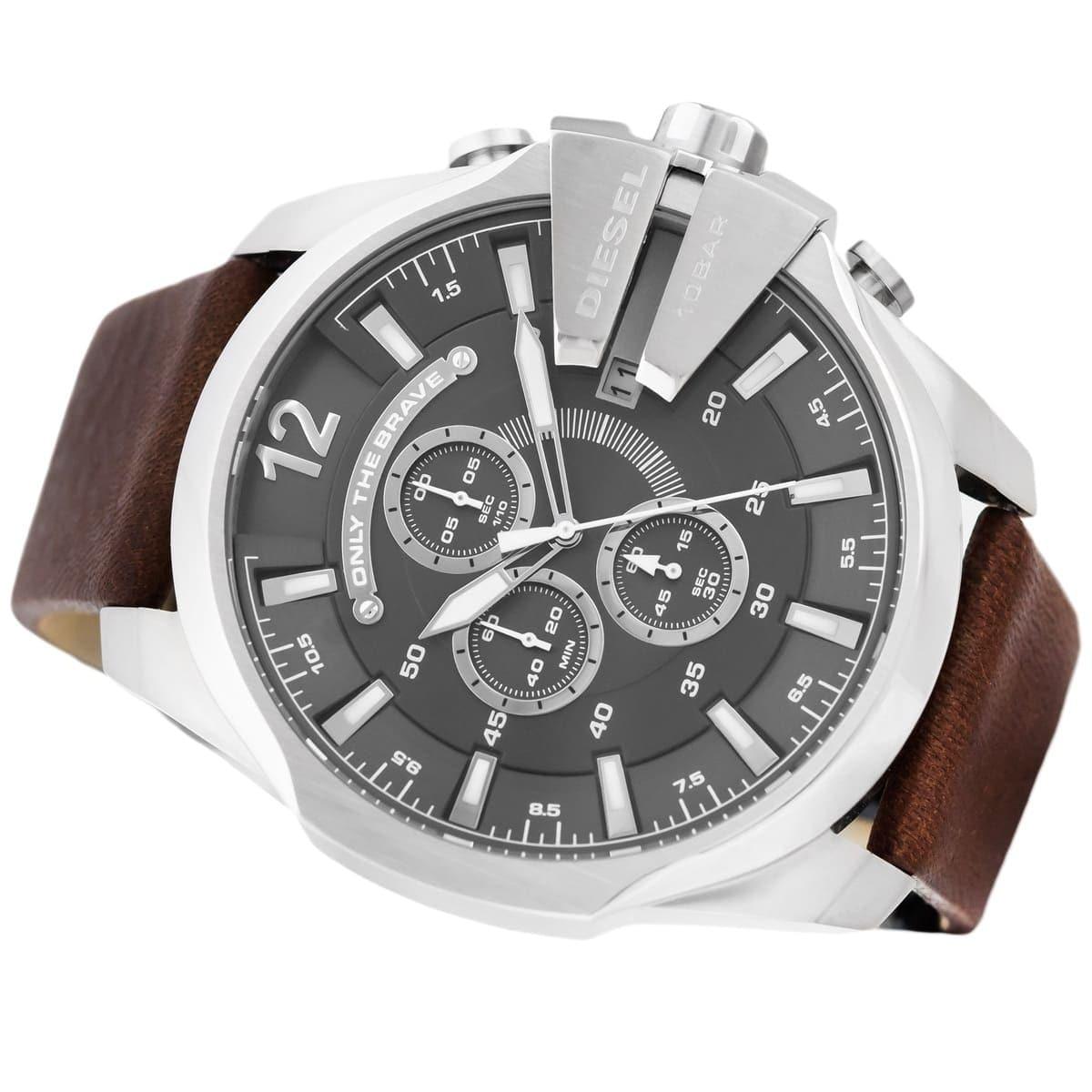 Shop Authentic Diesel Mega Chief Black & Silver Round Dial Brown Leather Strap Watch For Men - DZ4290 - Luxxuri