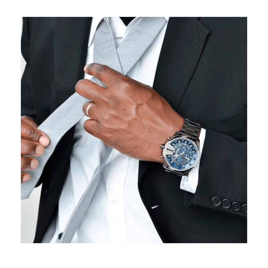 Diesel Mega Chief Chronograph Blue Dial Black Steel Strap Watch For Men - DZ4329