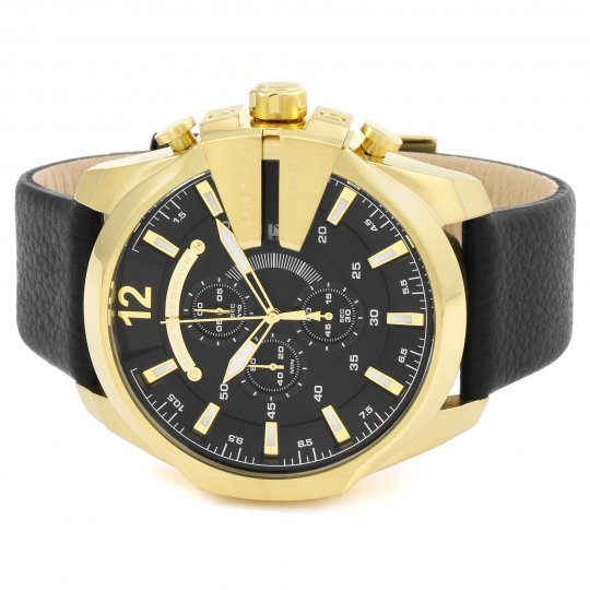  Shop Authentic Diesel Mega Chief Gold & Black Dial Black Leather Strap Watch For Men - DZ4344 - Luxxuri