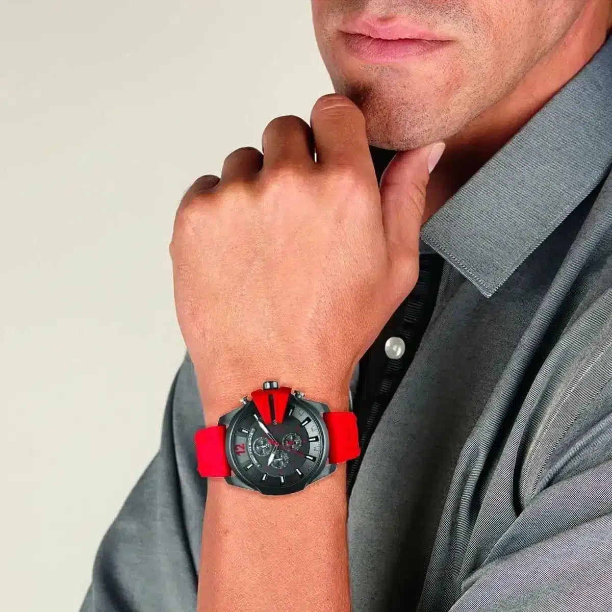 Diesel Mega Chief Chronograph Black Dial Red Silicone Strap Watch For Men - DZ4427