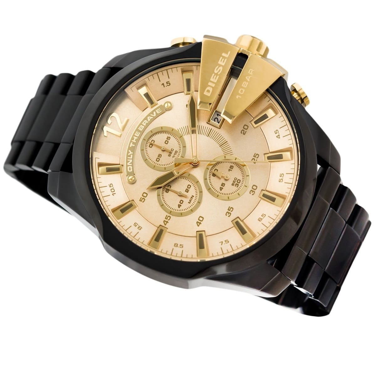  Shop Authentic Diesel Mega Chief Chronograph Gold Dial Black Steel Strap Watch For Men - DZ4485 - Luxxuri
