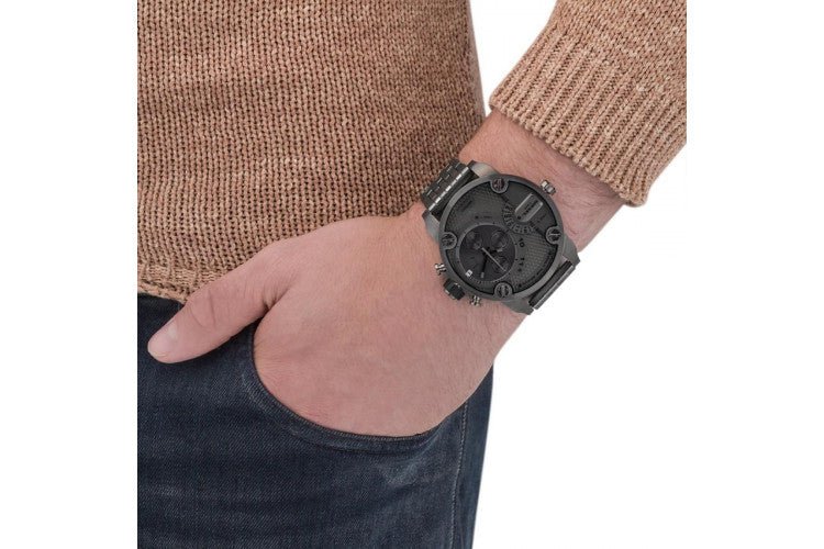  Shop Authentic Diesel Little Daddy Dual Time Chronograph Grey Dial Stainless Steel Strap Watch For Men - DZ7263 - Luxxuri