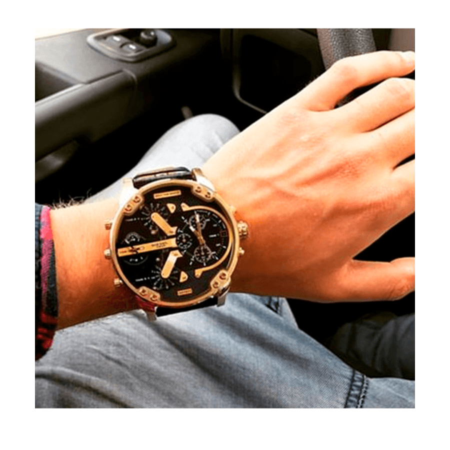  Shop Authentic Diesel Mr Daddy Black & Gold Dial Black Leather Strap Watch For Men - DZ7371 - Luxxuri