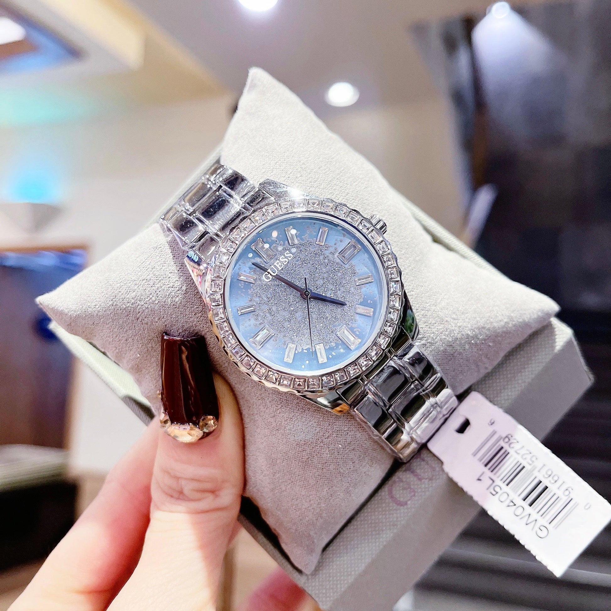  Shop Authentic Guess Glitter Burst Diamonds Blue Dial Silver Steel Strap Watch for Women - GW0405L1 - Luxxuri