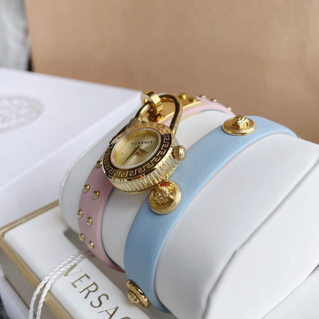  Shop Authentic Versace Medusa Lock Icon Quartz Gold Dial Pink & Blue Leather Strap Watch For Women - VEDW00219 - Luxxuri
