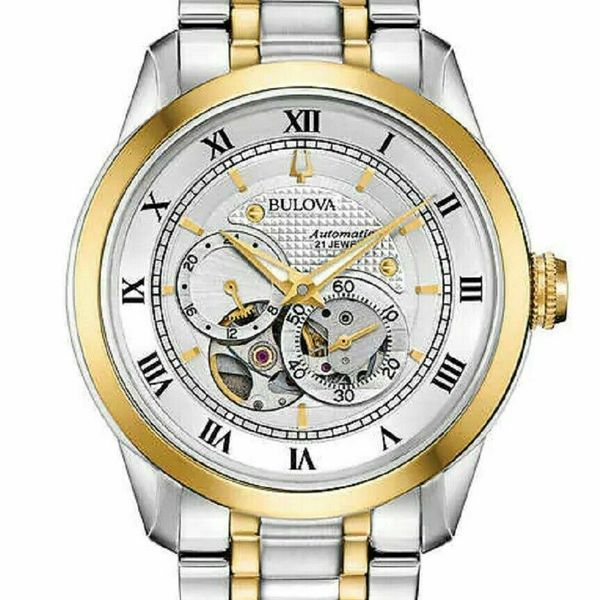 Bulova BVA Skeleton Silver Dial Two Tone Steel Strap Watch for Men - 98A123