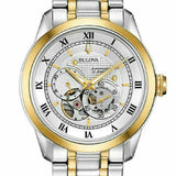  Shop Authentic Bulova BVA Skeleton Silver Dial Two Tone Steel Strap Watch for Men - 98A123 - Luxxuri