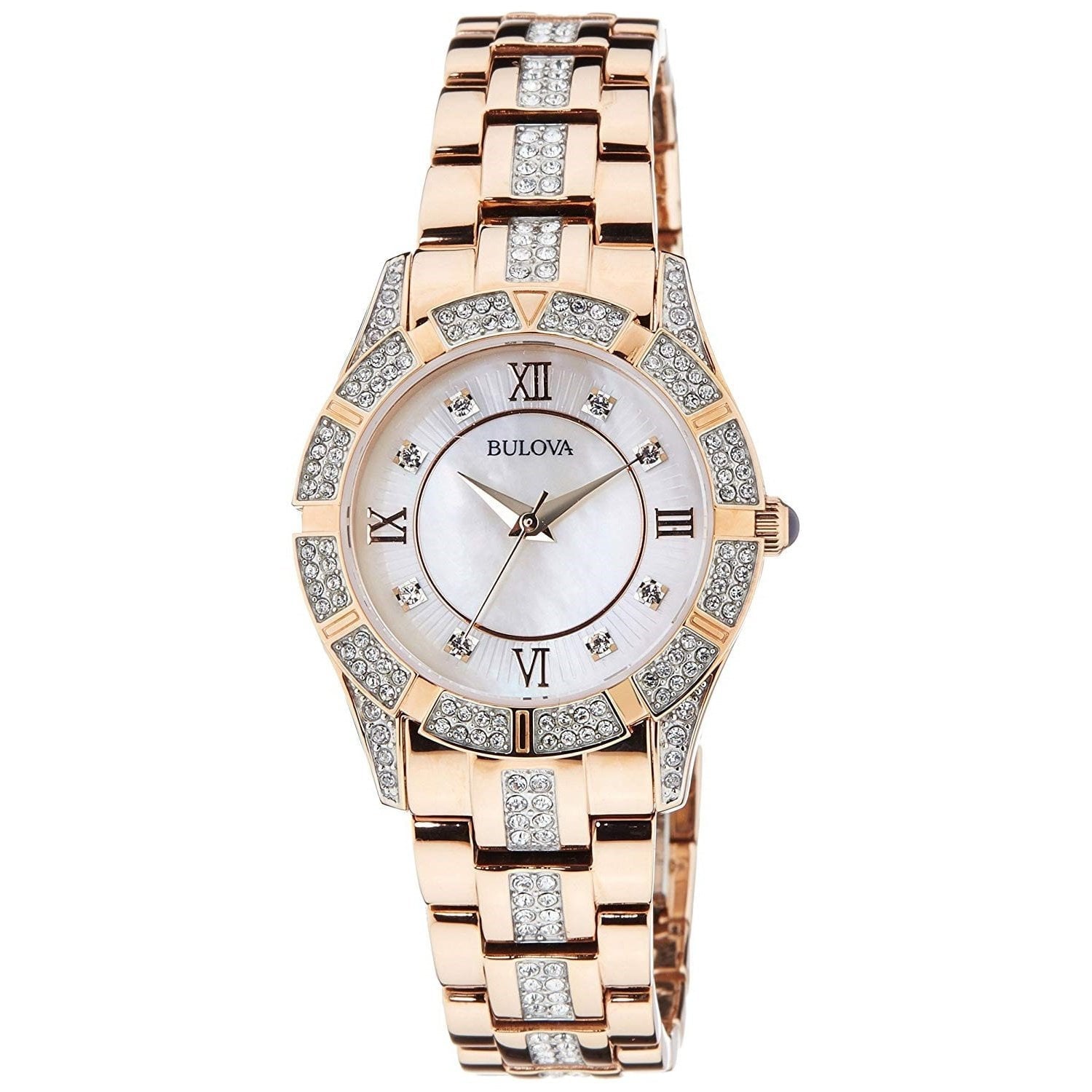 Bulova Crystal Mother of Pearl Dial Rose Gold Steel Strap Watch for Women - 98L197