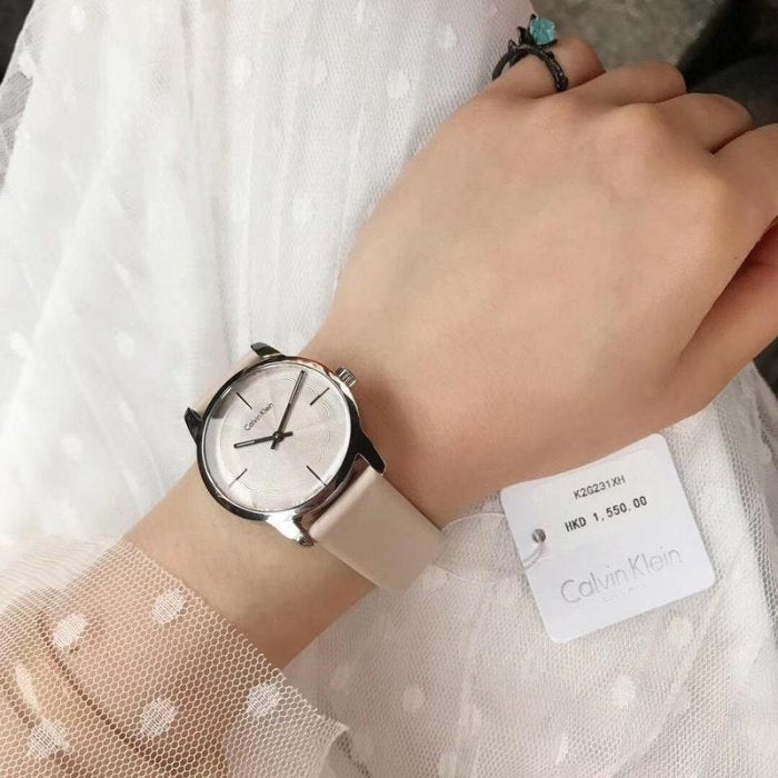  Shop Authentic Calvin Klein City White Dial White Leather Strap Watch for Women - K2G231XH - Luxxuri