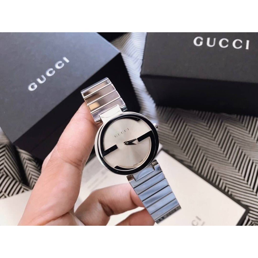  Shop Authentic Gucci G Interlocking Silver Dial Silver Steel Strap Watch For Women - YA133503 - Luxxuri