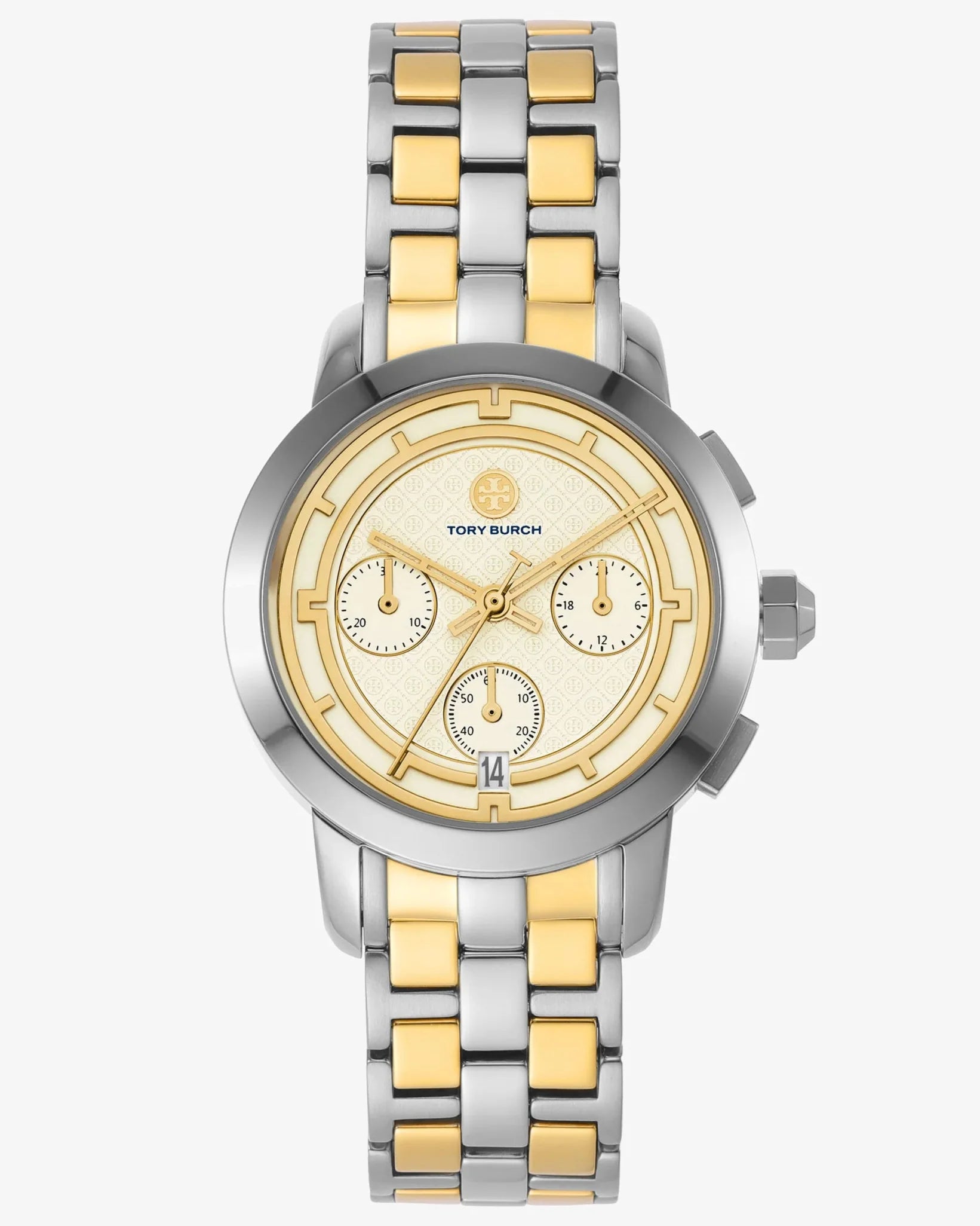 Tory Burch Classic Chronograph White Dial Two Tone Steel Strap Watch for Women - TBW1034
