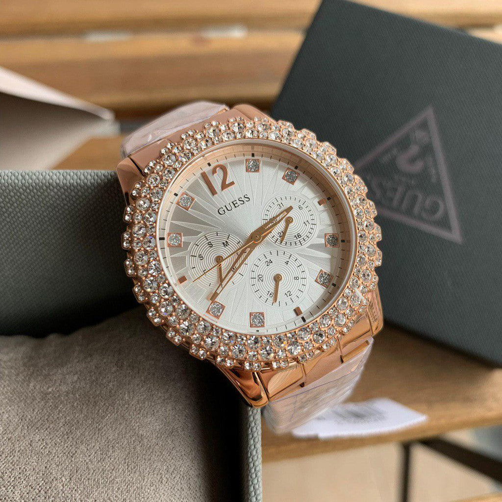  Shop Authentic Guess Dazzler Diamonds Silver Dial Rose Gold Steel Strap Watch for Women - W0335L3 - Luxxuri
