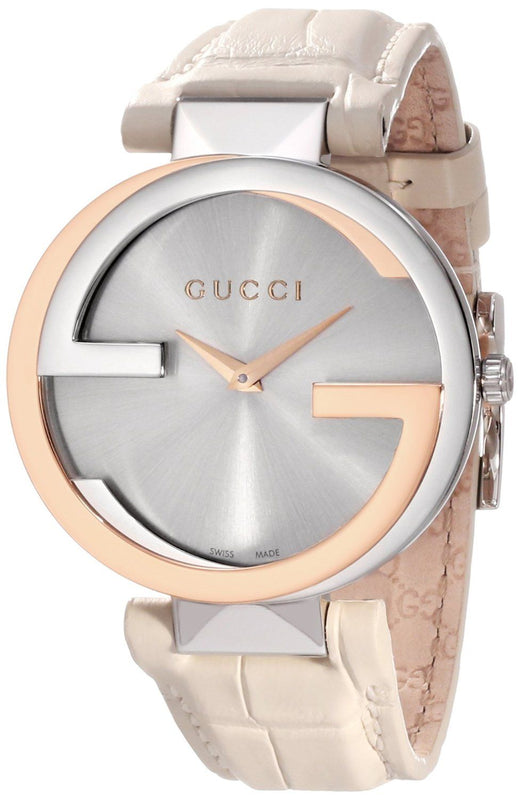  Shop Authentic Gucci Interlocking 18K Gold Silver Dial White Leather Strap Watch For Women - YA133303 - Luxxuri