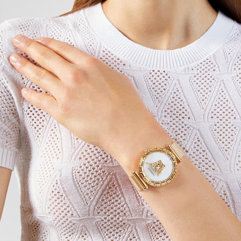  Shop Authentic Versace Palazzo Empire Greca White Dial Gold Mesh Bracelet Watch for Women - VEDV00619 - Luxxuri