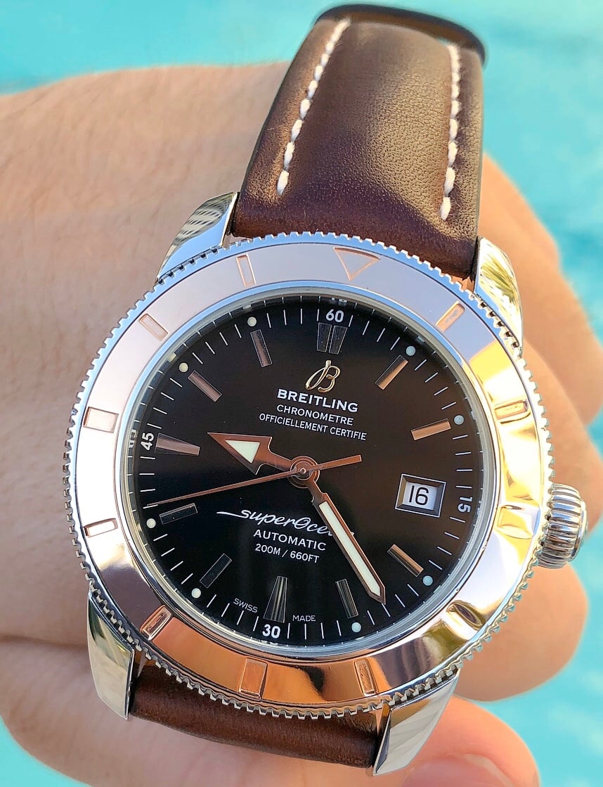  Shop Authentic Breitling Superocean Heritage 42mm Rose Gold Chronometer Black Dial Brown Leather Strap Mens Watch - U1732112 - Luxxuri