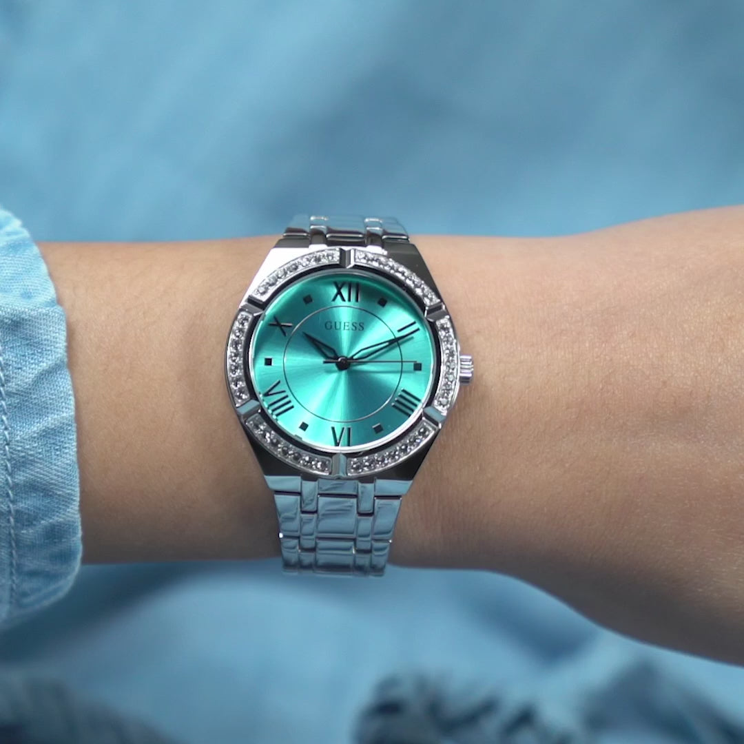  Shop Authentic Guess Cosmo Diamonds Turquoise Dial Silver Steel Strap Watch for Women - GW0033L7 - Luxxuri