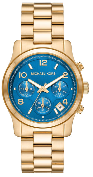  Shop Authentic Michael Kors Runway Chronograph Blue Dial Gold Steel Strap Watch For Women - MK7353 - Luxxuri