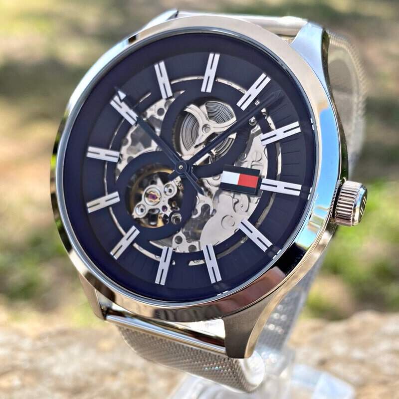 Tommy Hilfiger Spencer Skeleton Black Dial Silver Mesh Bracelet Watch for Men - 1791643