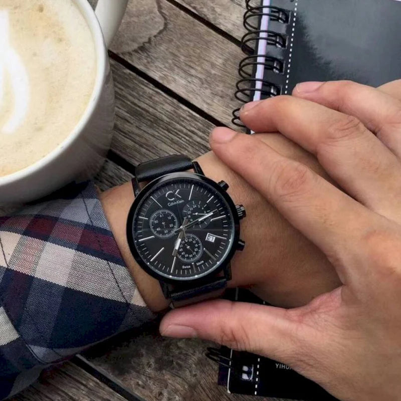  Shop Authentic Calvin Klein Post Minimal Chronograph Black Dial Black Leather Strap Watch for Men - K7627401 - Luxxuri