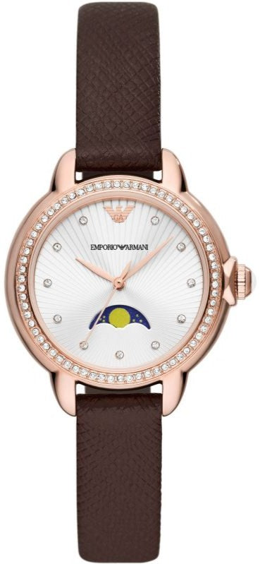  Shop Authentic Emporio Armani Mia Moonphase Silver Dial Brown Leather Strap Watch For Women - AR11568 - Luxxuri