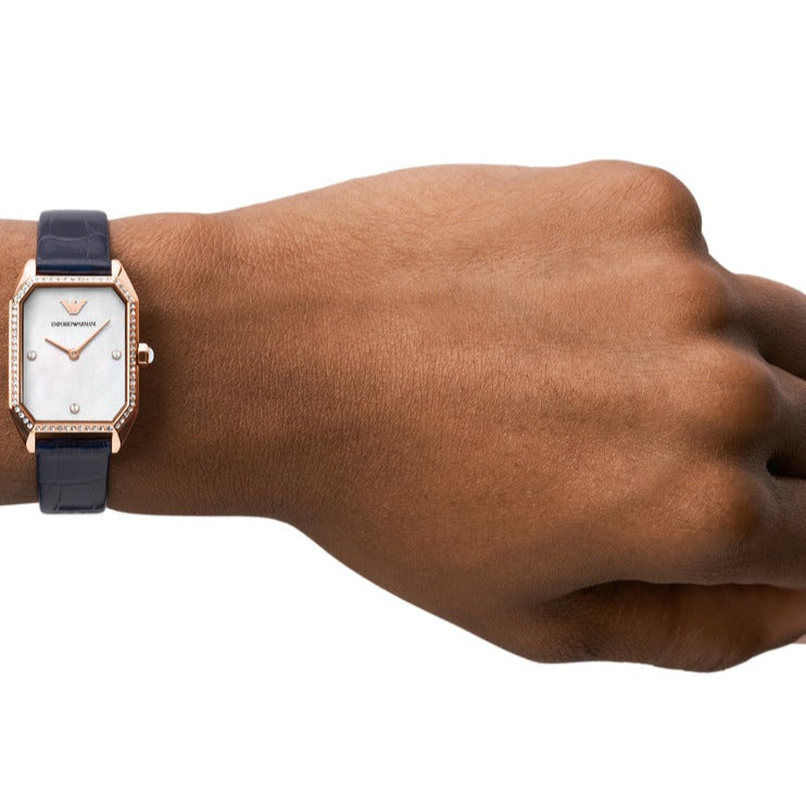  Shop Authentic Emporio Armani Gianni T Bar Quartz Mother of Pearl Dial Blue Leather Strap Watch For Women - AR11466 - Luxxuri