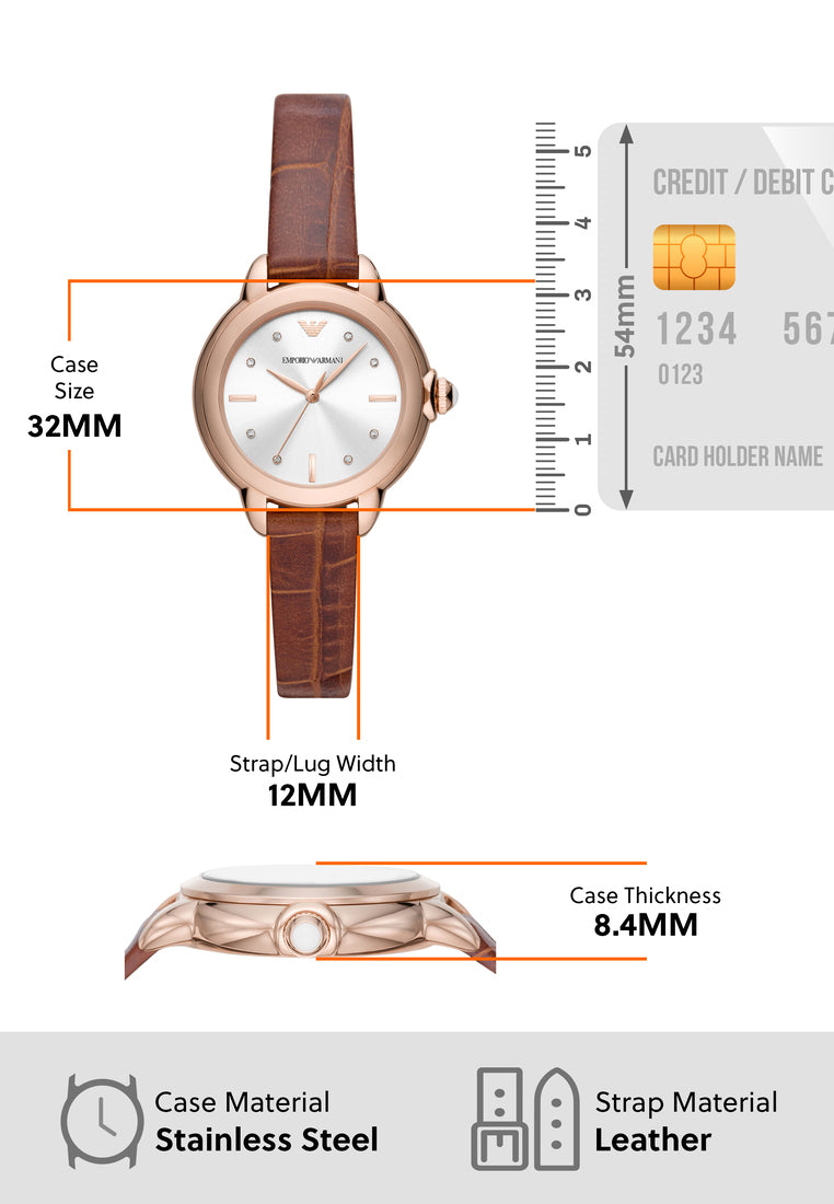 Emporio Armani Mia Quartz Silver Dial Brown Leather Strap Watch For Women - AR11525