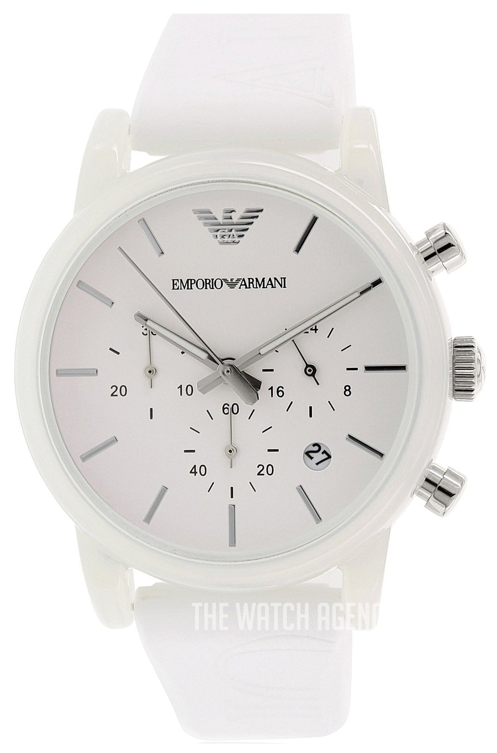  Shop Authentic Emporio Armani Classic Chronograph White Dial White Rubber Strap Watch For Men - AR1054 - Luxxuri