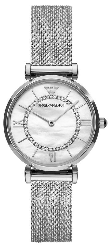  Shop Authentic Emporio Armani Gianni T-Bar Quartz Mother of Pearl Dial Silver Mesh Bracelet Watch For Women - AR11319 - Luxxuri