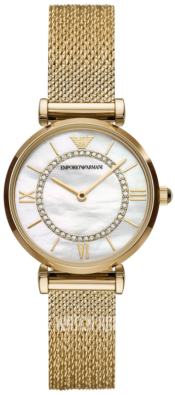  Shop Authentic Emporio Armani Gianni T Bar Mother of Pearl Dial Gold Mesh Bracelet Watch For Women - AR11321 - Luxxuri