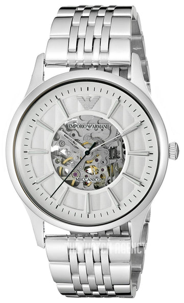  Shop Authentic Emporio Armani Meccanico Skeleton Silver Dial Silver Steel Strap Watch For Men - AR1945 - Luxxuri